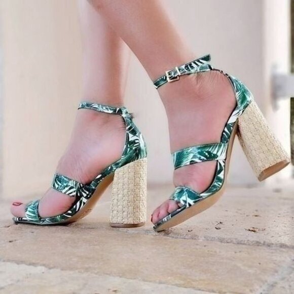 Women's Green Open Toe Ankle‎ Strap Woven Block Heel - Picture 1 of 3